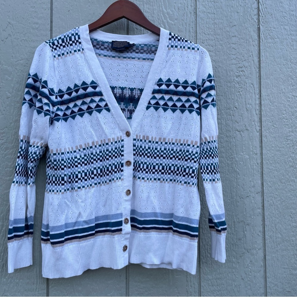 Pendleton Cardigan Sweater Womens PL‎ Blue White Western Aztec Linen Spring Comy